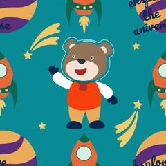 Vector seamless pattern with cute  little bear astronaut, rocket and stars. Creative vector childish background for fabric, textile, nursery wallpaper, poster, brochure. Vector illustration background