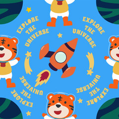 Vector seamless pattern with cute  little tiger astronaut, rocket and stars. Creative vector childish background for fabric, textile, nursery wallpaper, poster, brochure Vector illustration
