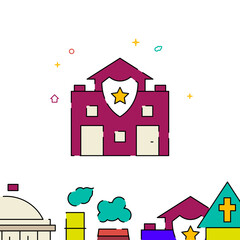 Police station filled line vector icon, simple illustration, building, house related bottom border.