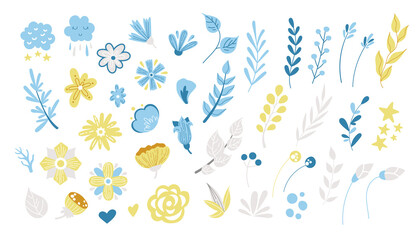 Spring floral cartoon clipart, blue and yellow flowers, brunches, leaves isolated on white background, floral nursery design elements bundle, cute vector kids illustration