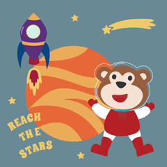 Space monkey or astronaut in a space suit with cartoon style. Creative vector childish background for fabric, textile, nursery wallpaper, poster, card, brochure. and other decoration.