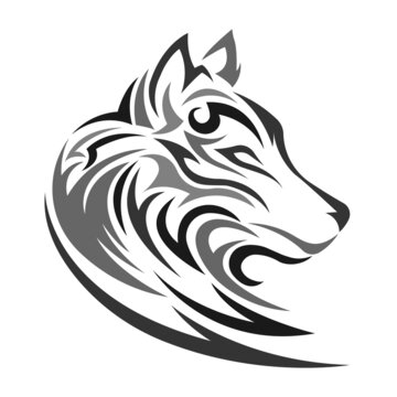 Silhouette, contour of the wolf's muzzle in gray tones on a white background is drawn with lines of different thickness. Design for animal logo, tattoo, decor, painting, hunting club, company. Vector 