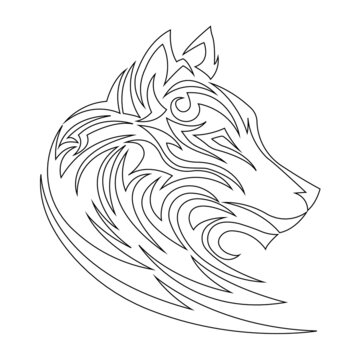 Linear sketch of a wolf head in black on a white background. Design suitable for coloring book, tattoo, decor, painting, logo, block mascot, t-shirt print. Isolated vector illustration