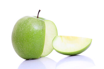 Sliced green apple on white.