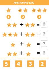 Addition worksheet with cartoon sea star. Math game.