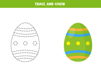 Trace and color cartoon Easter egg. Funny worksheet for Easter.