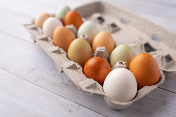 Fresh eggs from free range chickens on a small farm, beautiful colorful eggs from different breeds of chickens