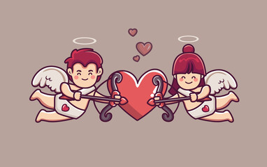 Cute couple cupid boy and girl archery hearts wings.  cupid boy and girl character shot heart wings valentine day