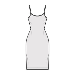 Camisole dress technical fashion illustration with scoop neck, straps, knee length, fitted body, Pencil fullness. Flat apparel template front, back, white, grey color. Women, men, unisex CAD mockup