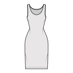 Tank dress technical fashion illustration with scoop neck, straps, knee length, fitted body, Pencil fullness. Flat apparel template front, grey color. Women, men, unisex CAD mockup