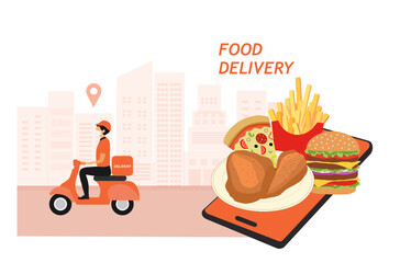 Food online ordering and delivery concept. Delivery man riding bike to delivery food to customer vector illustration vector illustration. Food app service concept