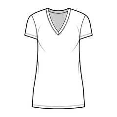 T-shirt dress technical fashion illustration with V-neck, short sleeves, mini length, oversized body, Pencil fullness. Flat apparel template front, white color. Women, men, unisex CAD mockup