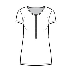 Shirt dress mini technical fashion illustration with henley neck, short sleeves, oversized, Pencil fullness, stretch jersey. Flat apparel template front, white color. Women, men, unisex CAD mockup