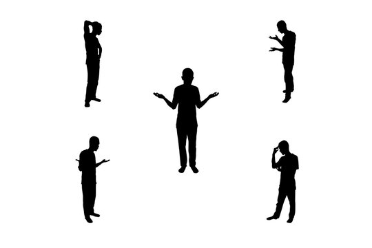 A set of people in different poses on a white background. Black silhouettes of guy isolated on white background.