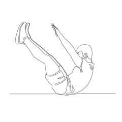 Continuous line drawing of man doing squat vector.his lower back and ass touching the ground then  putting feet and arms in the air.