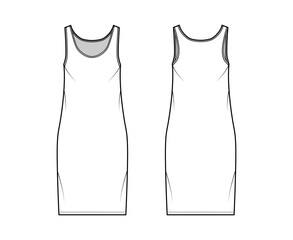 Tank dress technical fashion illustration with scoop neck, straps, knee length, oversized body, Pencil fullness. Flat apparel template front, back, white color. Women, men, unisex CAD mockup