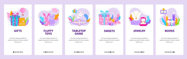Online gifts. Fluffy toys, tabletop games, sweets, jewelry, books. Mobile app screens, vector website banner template.