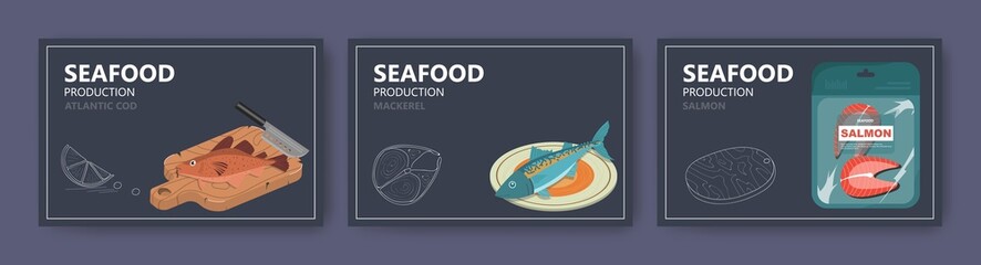 Seafood production website banner template set, vector illustration. Atlantic cod, mackerel, salmon fish.