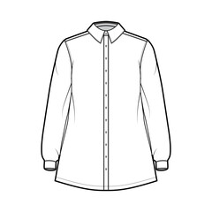 Shirt trapeze technical fashion illustration with long sleeves with cuff, classic regular collar, oversized. Flat apparel top outwear template front, white color. Women men unisex blouse CAD mockup