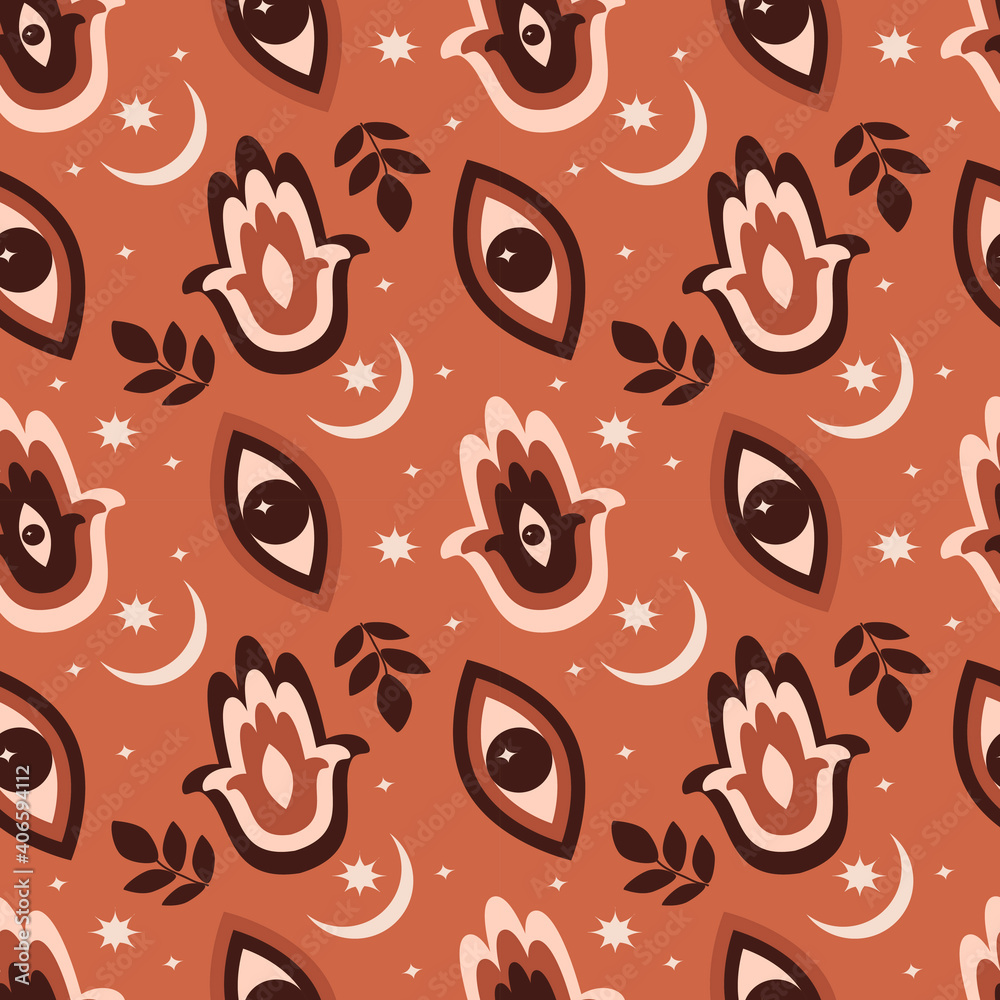Wall mural vector seamless pattern on esoteric theme in boho style with hand drawn eyes, hamsa, moon, stars and