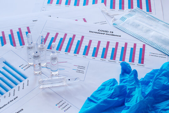 Vials with clear liquid against the background of morbidity charts.