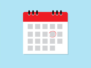 Calendar icon. Mark the date. Schedule icon isolated on blue background. Flat design. Vector illustration.