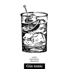 Hand drawn sketch cocktail gin tonic vintage isolated object. Vector illustration.