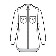 Shirt pilot airline technical fashion illustration with chevron, long sleeves with cuff, angled flap pockets. Flat apparel top outwear template front, white color. Women men unisex CAD mockup
