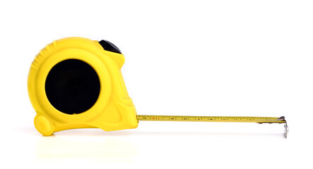 Yellow tape measure on white background
