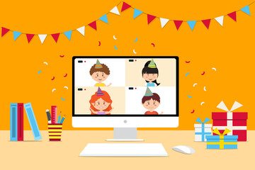 Online party. Happy party, birthday,virtual meeting. Kids meeting online via video on a computer.Vector Illustration