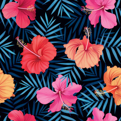 Seamless tropical hibiscus flowers and leaves background. Vector set of blooming floral for holiday invitations, greeting card and fashion design.