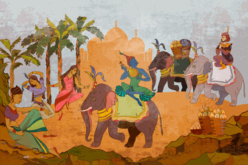 Gods of India. Ramayana. Dancing goddesses in the jungle. Ancient frescoes. Religion. Hinduism. Traditional indian mural paintings style. Old Asian culture. Mythology, tradition and history - 406600108
