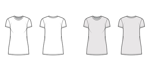 T-shirt dress technical fashion illustration with crew neck, short sleeves, mini length, oversized, Pencil fullness. Flat apparel template front, back, white, grey color. Women, men, unisex CAD mockup