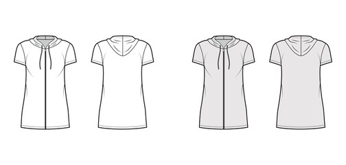 Hoodie zip-up dress technical fashion illustration with short sleeves, mini length, oversized body, Pencil fullness. Flat apparel template front, back, white, grey color. Women, men, unisex CAD mockup