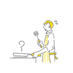 不慣れな料理に苦戦する男性のシンプルでおしゃれな手描きの線画イラスト