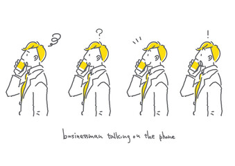スマホで話しているビジネスマンのシンプルな手書き線画イラスト表情セット　二色　黄色＆グレー