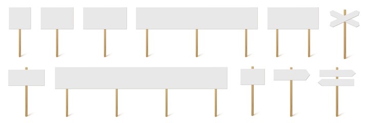 Signposts and banners with blank boards set. Wooden sticks with white signs vector illustration. Retro street direction posts isolated on white background. Simple empty information placards © backup16