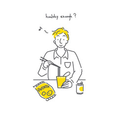 ジャンクフードを喜んで食べている男性のシンプルな線画イラスト