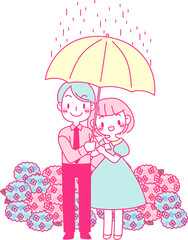相合傘で紫陽花の中デートするカップル