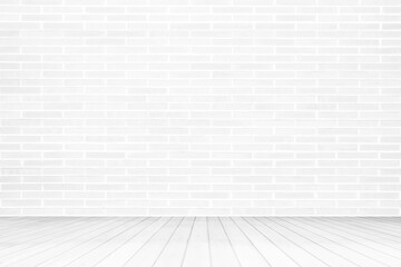 White Grunge Brick Room with Wooden Floor Background, Suitable for Presentation, Mock up, and Backdrop.