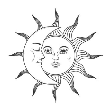 The mystical symbol - moon and sun with faces in retro style. Vector illustration