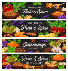 Herbs and spices, fresh food seasoning and condiment cartoon vector banners. Leaves of basil, mint, thyme, oregano and rosemary, chilli, garlic, dill and lavender flowers, pepper and cardamom seeds