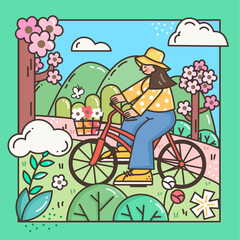 Vector illustration of a girl going out for an outing in spring
