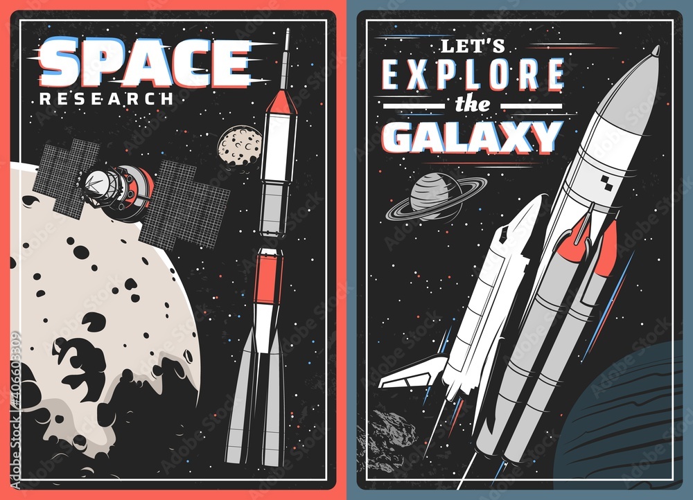 Poster spaceships, satellite and planets with glitch effect, vector design of space travel. shuttle with ro