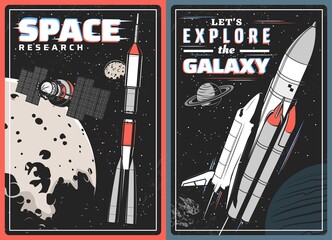 Spaceships, satellite and planets with glitch effect, vector design of space travel. Shuttle with rocket, universe galaxy star and meteor, Moon, Earth and Jupiter retro posters of astronomy