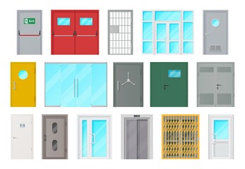 Entrance doors isolated vector icons. Cartoon interior and exterior design elements for room or office decoration, glass, metal or plastic doorways doorknobs and grates and windows, closed doors set