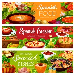 Spanish food banners, cuisine menu paella and tapas, vector Spain traditional dishes and meals. Spanish cuisine restaurant food lunch menu for rice with milk, roast lamb and meat with onions