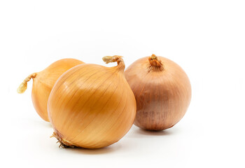 Fototapeta premium Close up group of onions on white background with clipping path, front view of whole onions on white background with natural shadow.