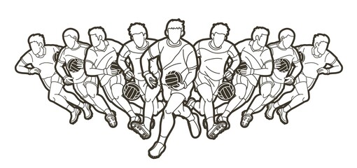 Group of Gaelic Football men players action cartoon graphic vector.