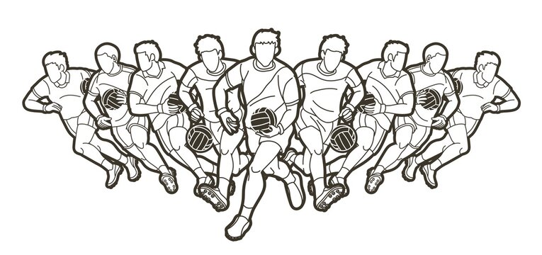 Group of Gaelic Football men players action cartoon graphic vector.